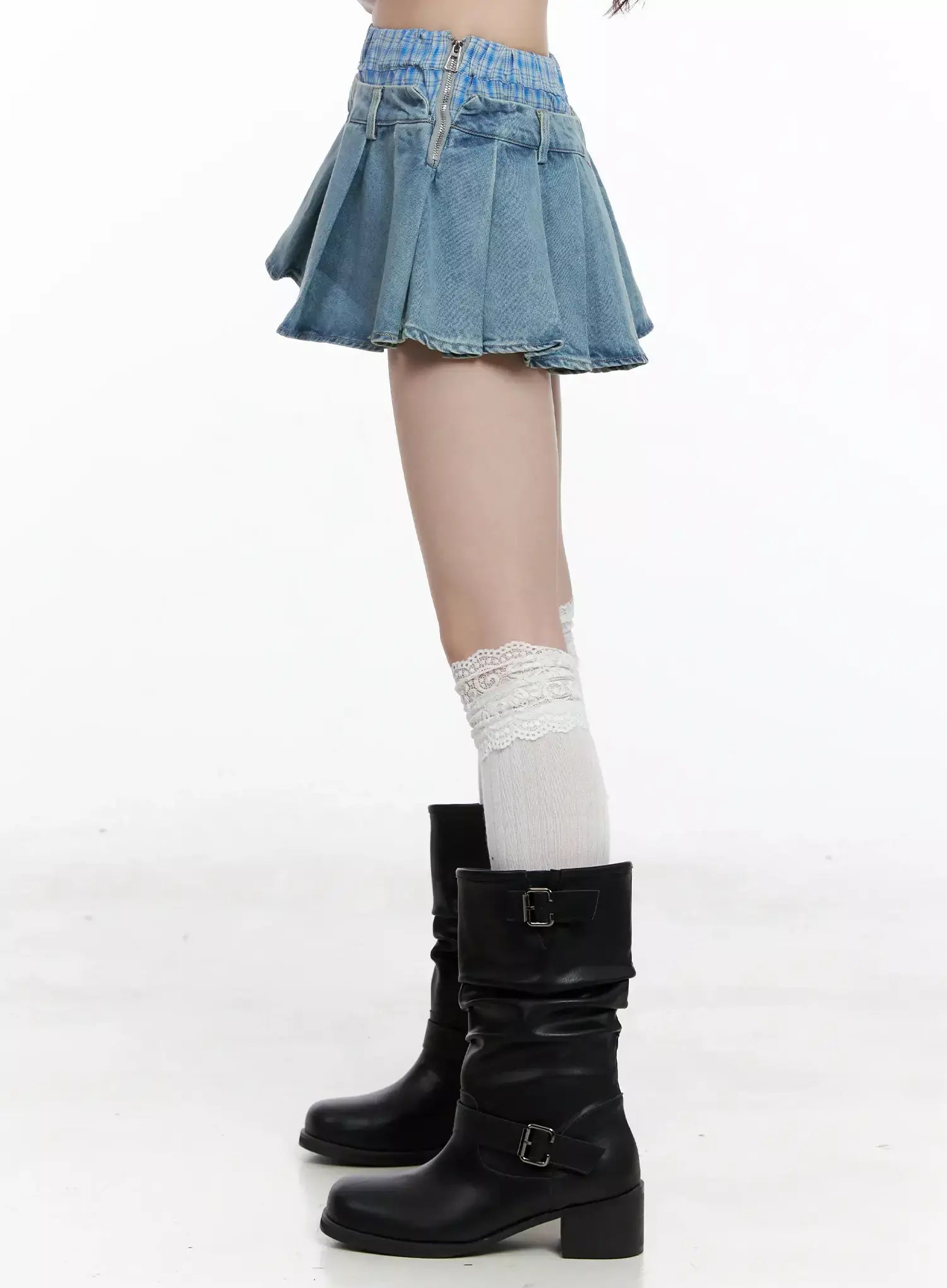 Plaid Boxer Layered Denim Skirt IL531