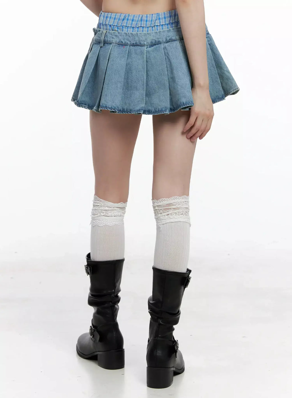 Plaid Boxer Layered Denim Skirt IL531