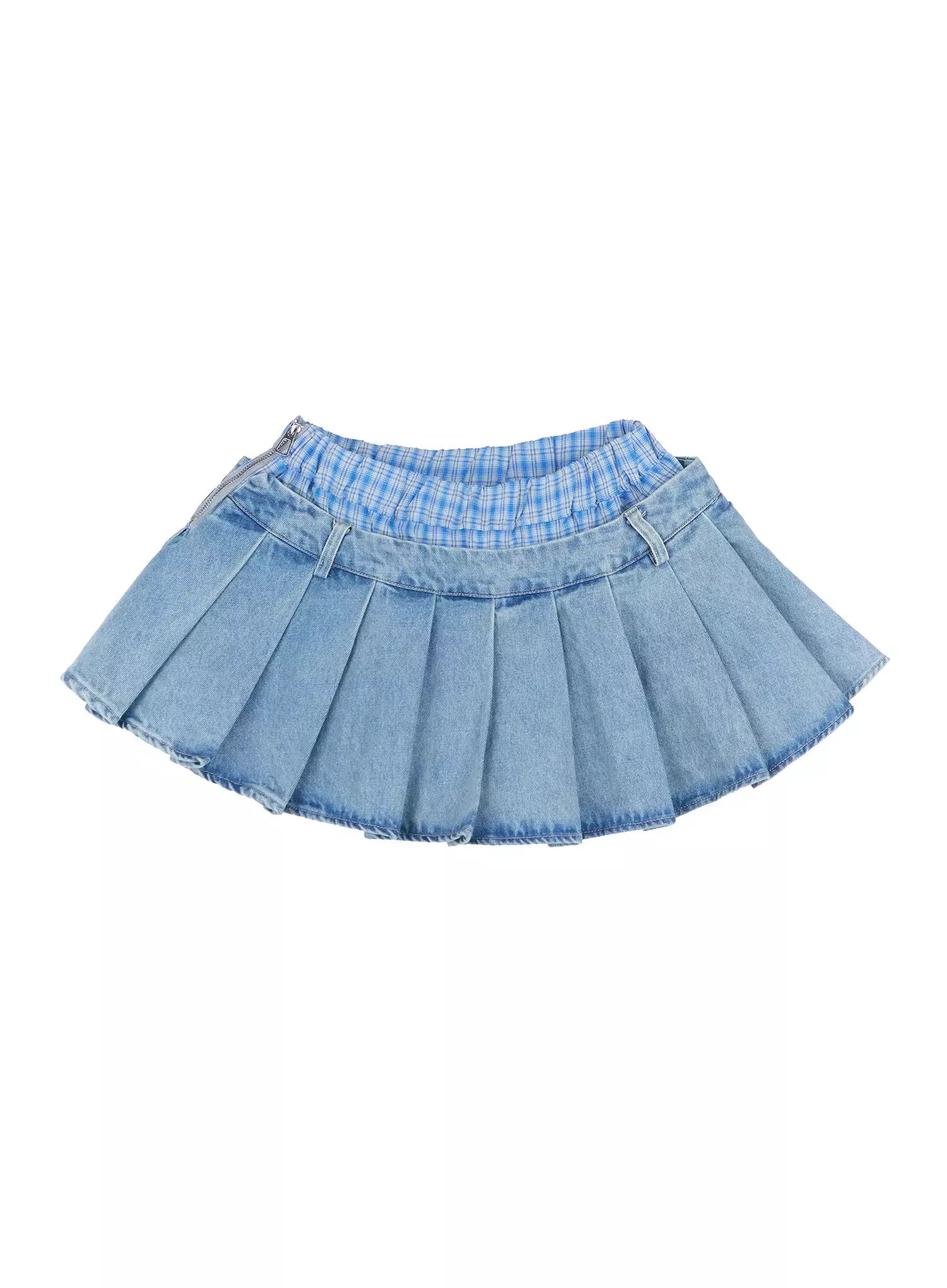 Plaid Boxer Layered Denim Skirt IL531